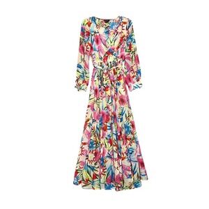 Haoduoyi Maxi Dress Womens M Multicolor Excellent Floral Tropical V-Neck Belted